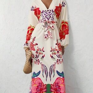 Floral Print Maxi Dress - Red and Cream